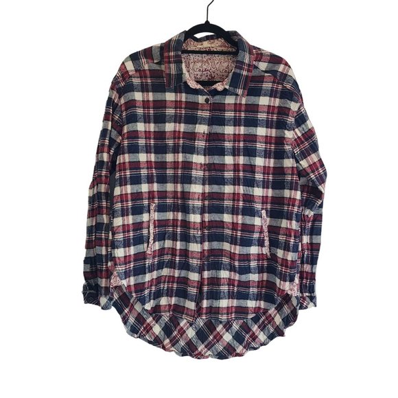 Mystree High Low Round Flannel Button Down top Womens size L - Picture 1 of 4